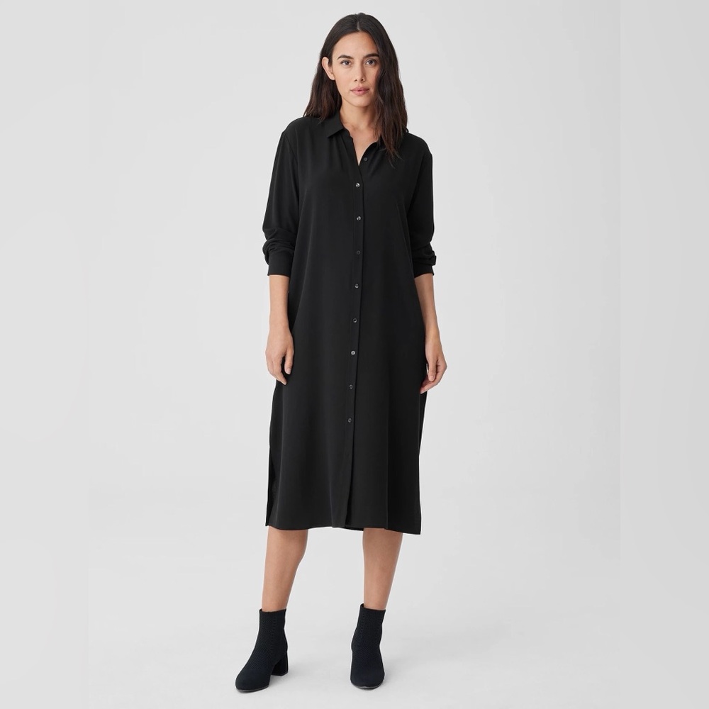 Eileen Fisher Black Long Button-Front Maxi Shirt Dress